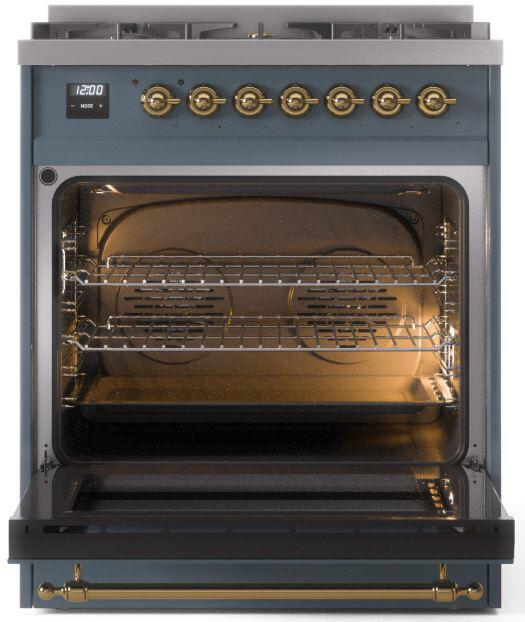 Ilve UP30NMPBGGLP Nostalgie Ii 30 Inch Dual Fuel Liquid Propane Freestanding Range In Blue Grey With Brass Trim