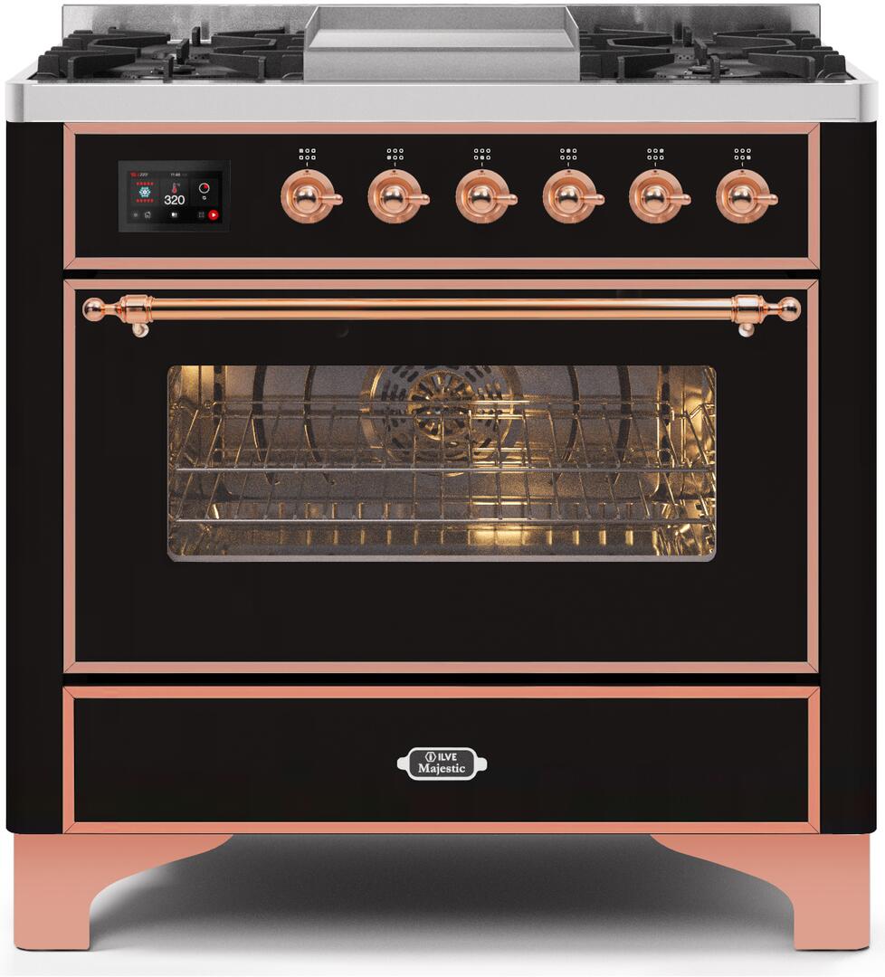 Ilve UM09FDNS3BKP Majestic Ii 36 Inch Dual Fuel Natural Gas Freestanding Range In Glossy Black With Copper Trim