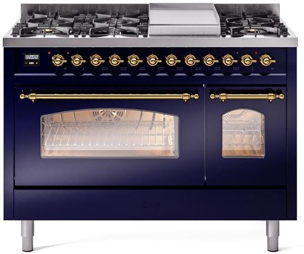 Ilve UP48FNMPMBG Nostalgie Ii 48 Inch Dual Fuel Natural Gas Freestanding Range In Blue With Brass Trim