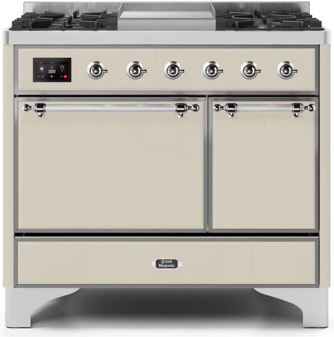 Ilve UMD10FDQNS3AWC Majestic Ii 40 Inch Dual Fuel Natural Gas Freestanding Range In Antique White With Chrome Trim