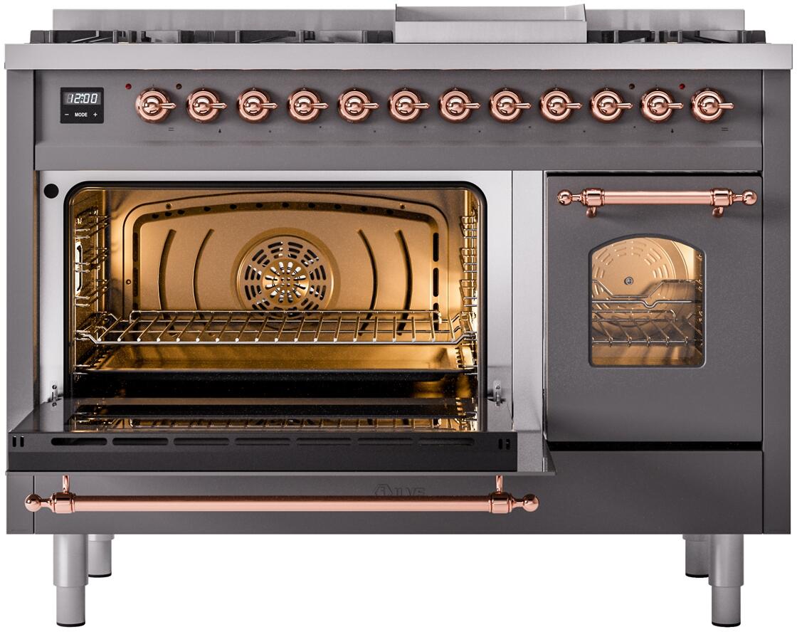 Ilve UP48FNMPMGPLP Nostalgie Ii 48 Inch Dual Fuel Liquid Propane Freestanding Range In Matte Graphite With Copper Trim