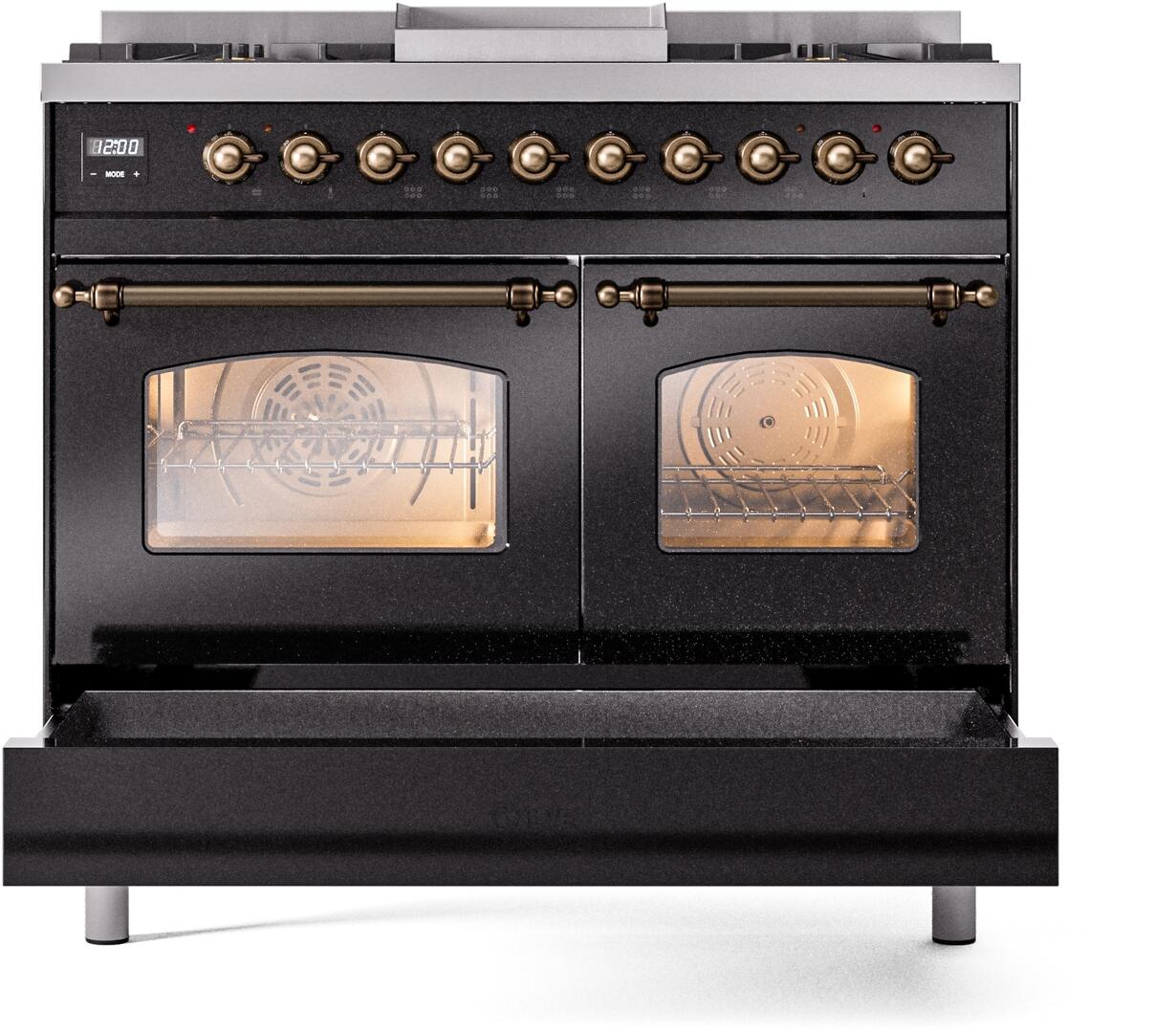 Ilve UPD40FNMPBKBLP Nostalgie Ii 40 Inch Dual Fuel Liquid Propane Freestanding Range In Glossy Black With Bronze Trim