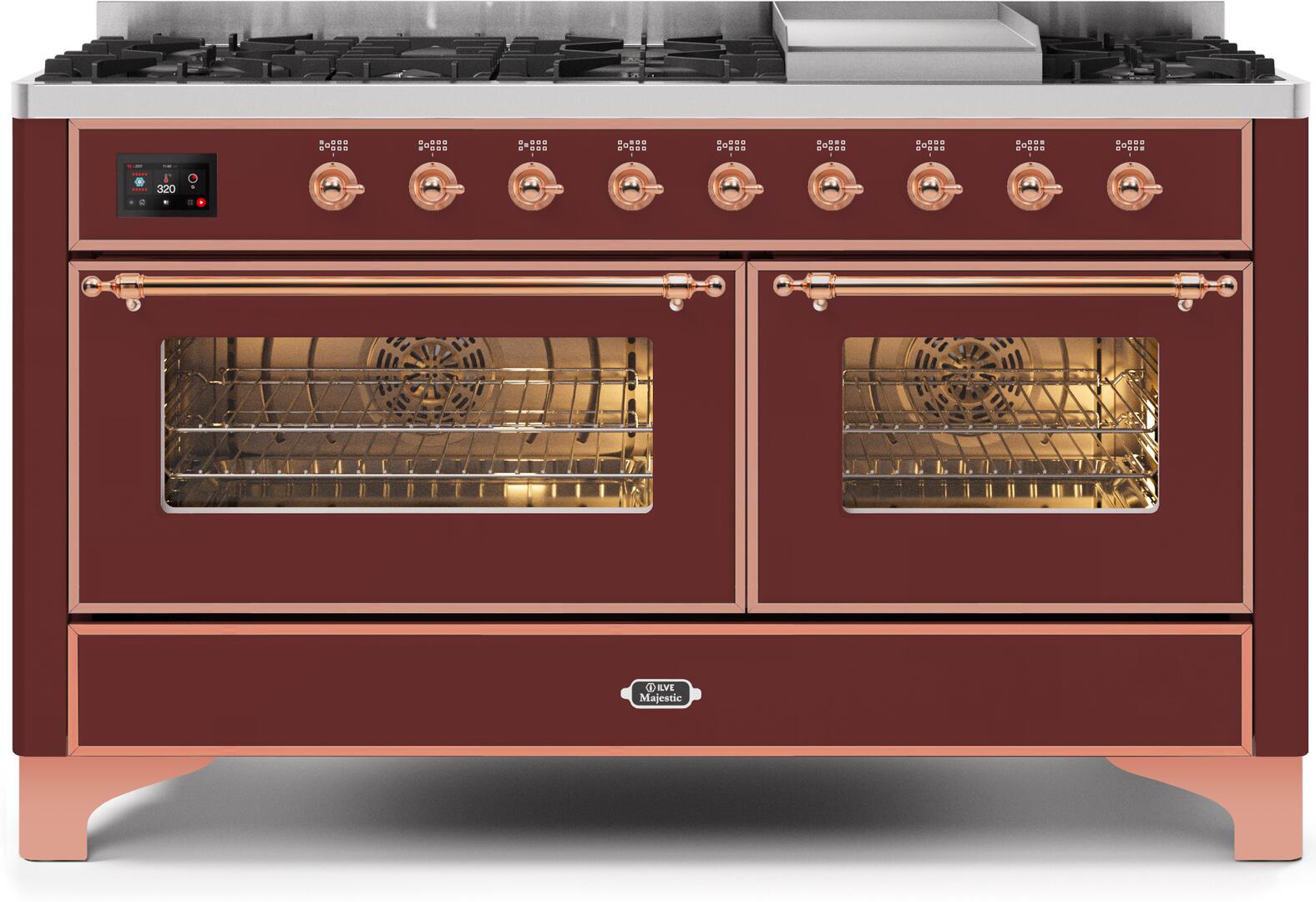 Ilve UM15FDNS3BUPLP Majestic Ii 60 Inch Dual Fuel Liquid Propane Freestanding Range In Burgundy With Copper Trim