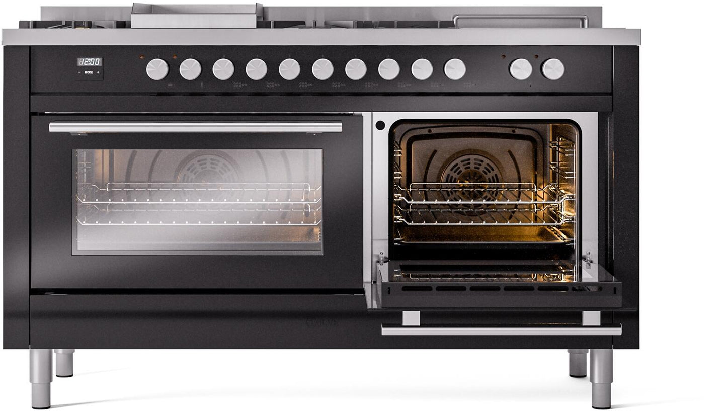 Ilve UP60FSWMPBK Professional Plus Ii 60 Inch Dual Fuel Natural Gas Freestanding Range In Glossy Black With Trim