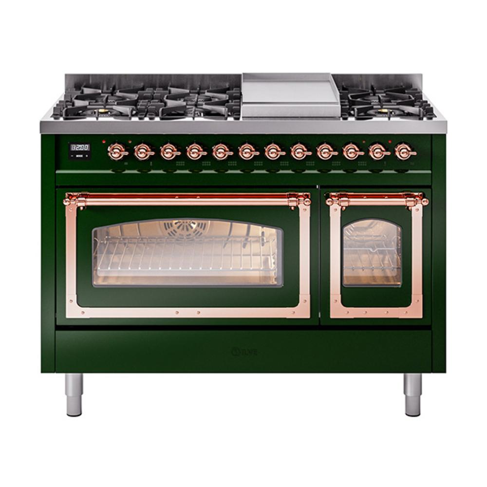 Ilve UN48FNMPEGPLP Ilve Un48Fnmpegplp Nostalgie Ii Noblesse 48" Dual Fuel Range (8 Sealed Burners + Griddle, Liquid Propane, Triple Glass Door, Emerald Green, Copper)