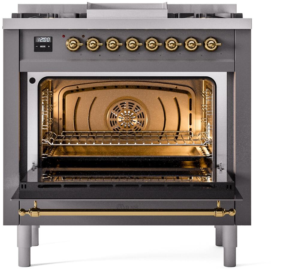 Ilve UP36FNMPMGG Nostalgie Ii 36 Inch Dual Fuel Natural Gas Freestanding Range In Matte Graphite With Brass Trim