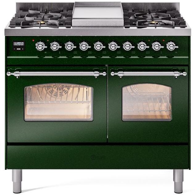 Ilve UPD40FNMPEGCLP Nostalgie Ii 40 Inch Dual Fuel Liquid Propane Freestanding Range In Emerald Green With Chrome Trim