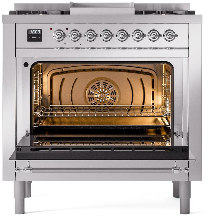 Ilve UP36FNMPSSC Nostalgie Ii 36 Inch Dual Fuel Natural Gas Freestanding Range In Stainless Steel With Chrome Trim