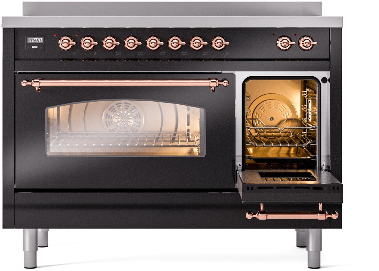 Ilve UPI486NMPBKP Nostalgie Ii 48 Inch Electric Freestanding Range In Glossy Black With Copper Trim