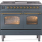 Ilve UPD40FNMPBGG Nostalgie Ii 40 Inch Dual Fuel Natural Gas Freestanding Range In Blue Grey With Brass Trim