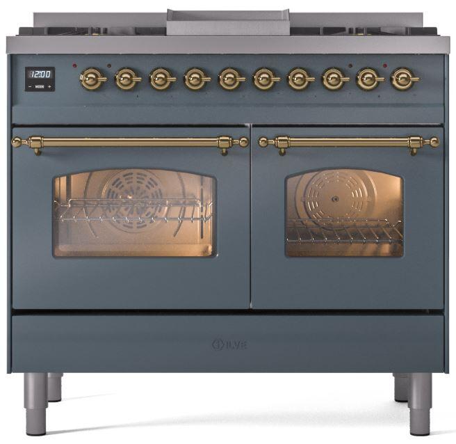 Ilve UPD40FNMPBGG Nostalgie Ii 40 Inch Dual Fuel Natural Gas Freestanding Range In Blue Grey With Brass Trim