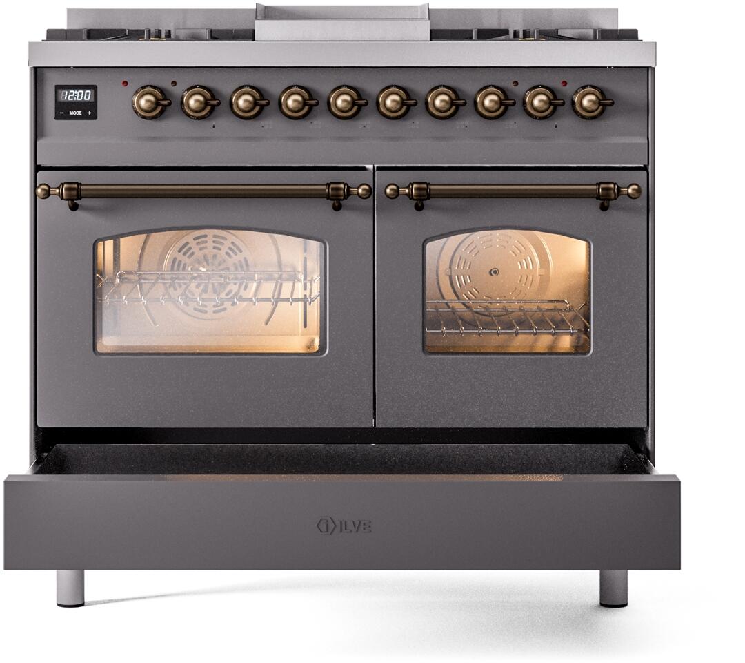 Ilve UPD40FNMPMGB Nostalgie Ii 40 Inch Dual Fuel Natural Gas Freestanding Range In Matte Graphite With Bronze Trim