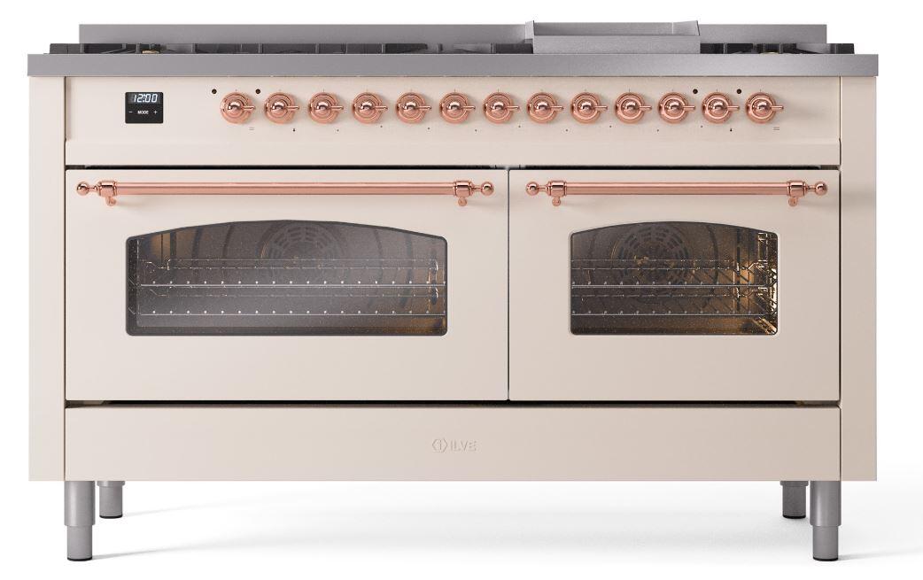 Ilve UP60FNMPAWP Nostalgie Ii 60 Inch Dual Fuel Natural Gas Freestanding Range In Antique White With Copper Trim