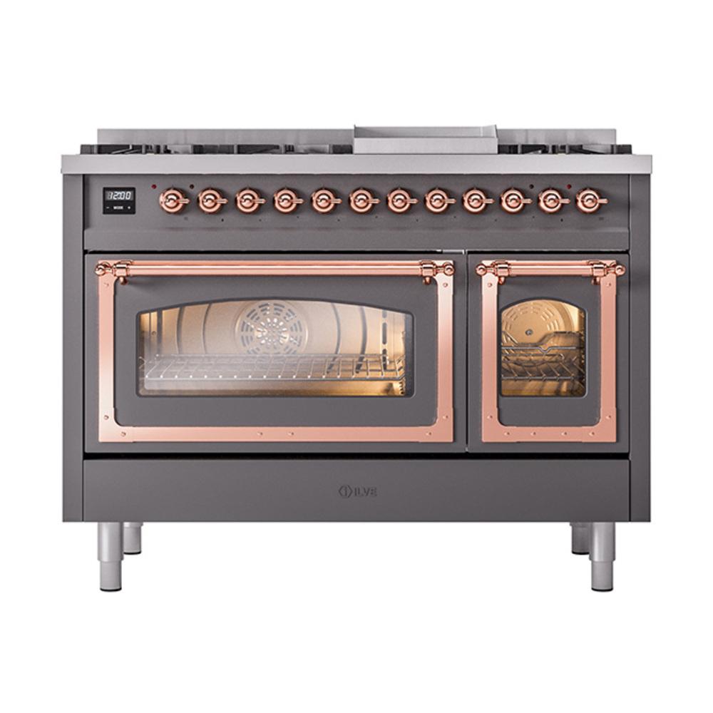 Ilve UN48FNMPMGPLP Ilve Un48Fnmpmgplp Nostalgie Ii Noblesse 48" Dual Fuel Range (8 Sealed Burners + Griddle, Liquid Propane, Triple Glass Door, Graphite Matte, Copper)