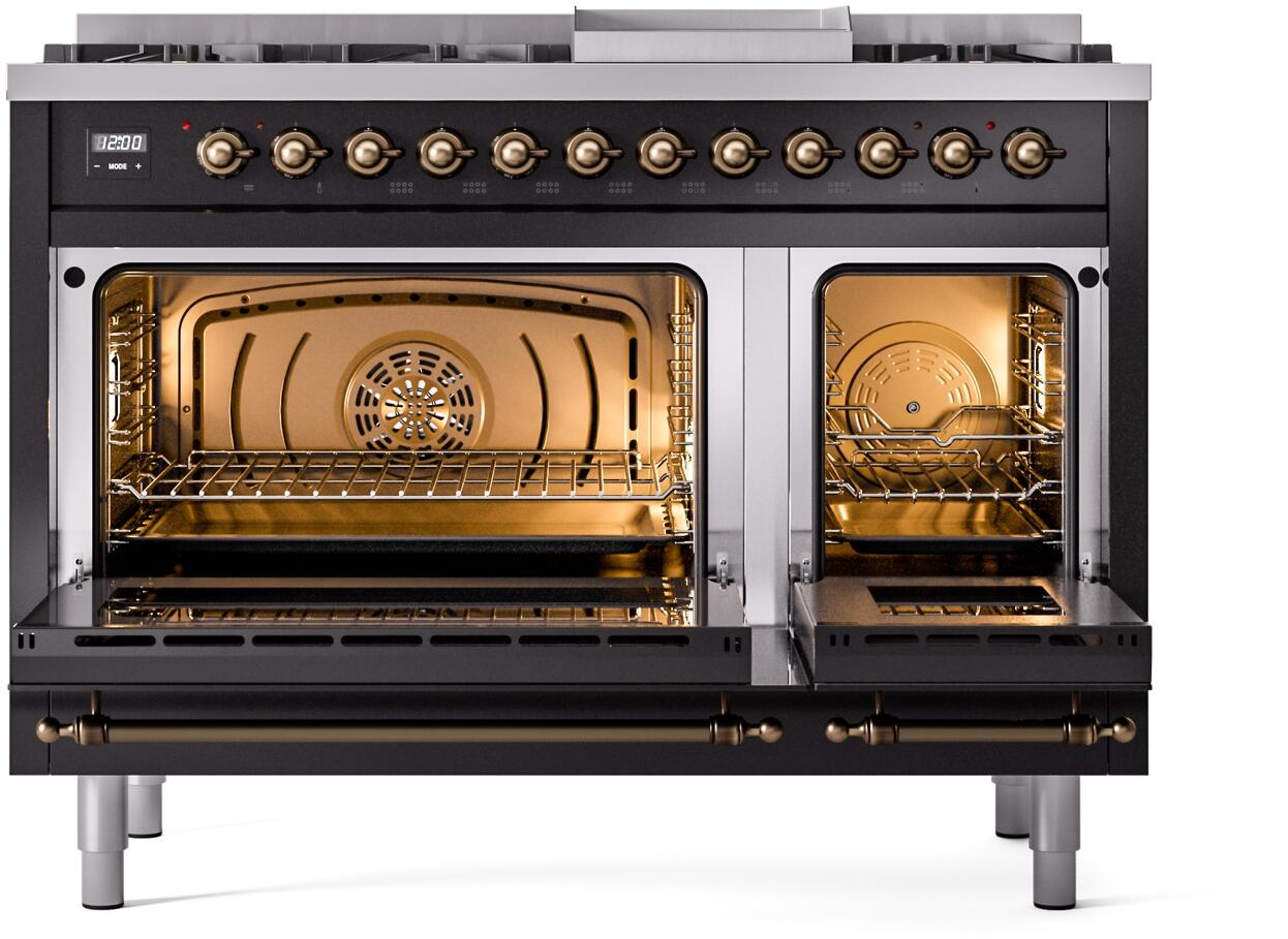 Ilve UP48FNMPBKBLP Nostalgie Ii 48 Inch Dual Fuel Liquid Propane Freestanding Range In Glossy Black With Bronze Trim