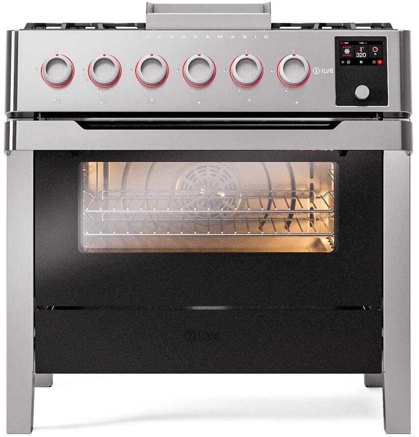 Ilve UPM09FDS3SS Panoramagic 36 Inch Dual Fuel Natural Gas Freestanding Range In Stainless Steel With Trim