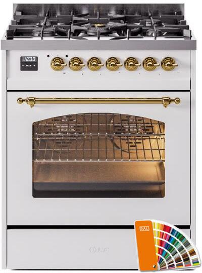 Ilve UP30NMPRAG Nostalgie Ii 30 Inch Dual Fuel Natural Gas Freestanding Range In Ral Custom Color With Brass Trim