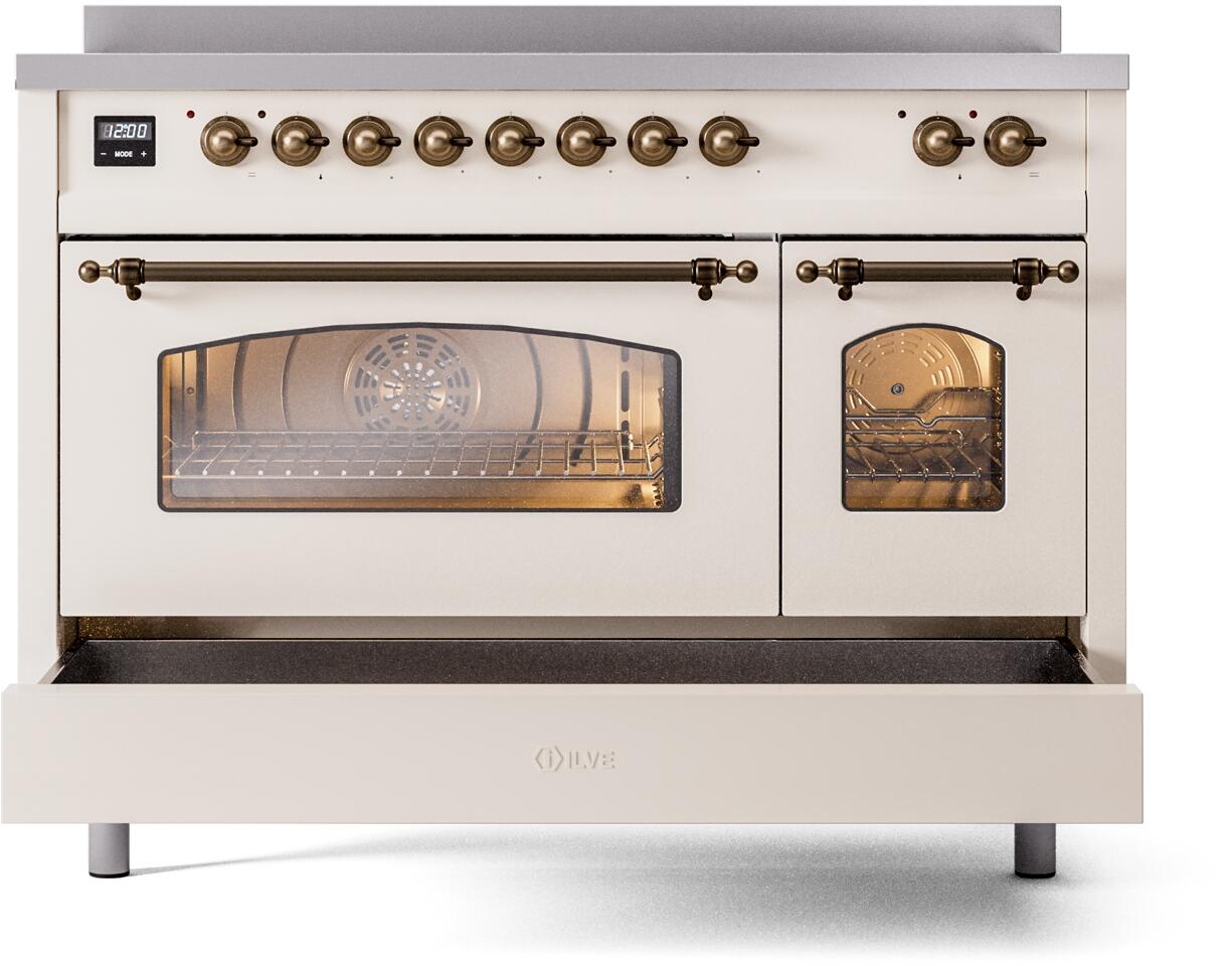 Ilve UPI486NMPAWB Nostalgie Ii 48 Inch Electric Freestanding Range In Antique White With Bronze Trim