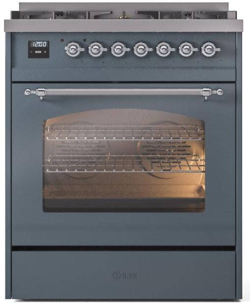 Ilve UP30NMPBGC Nostalgie Ii 30 Inch Dual Fuel Natural Gas Freestanding Range In Blue Grey With Chrome Trim