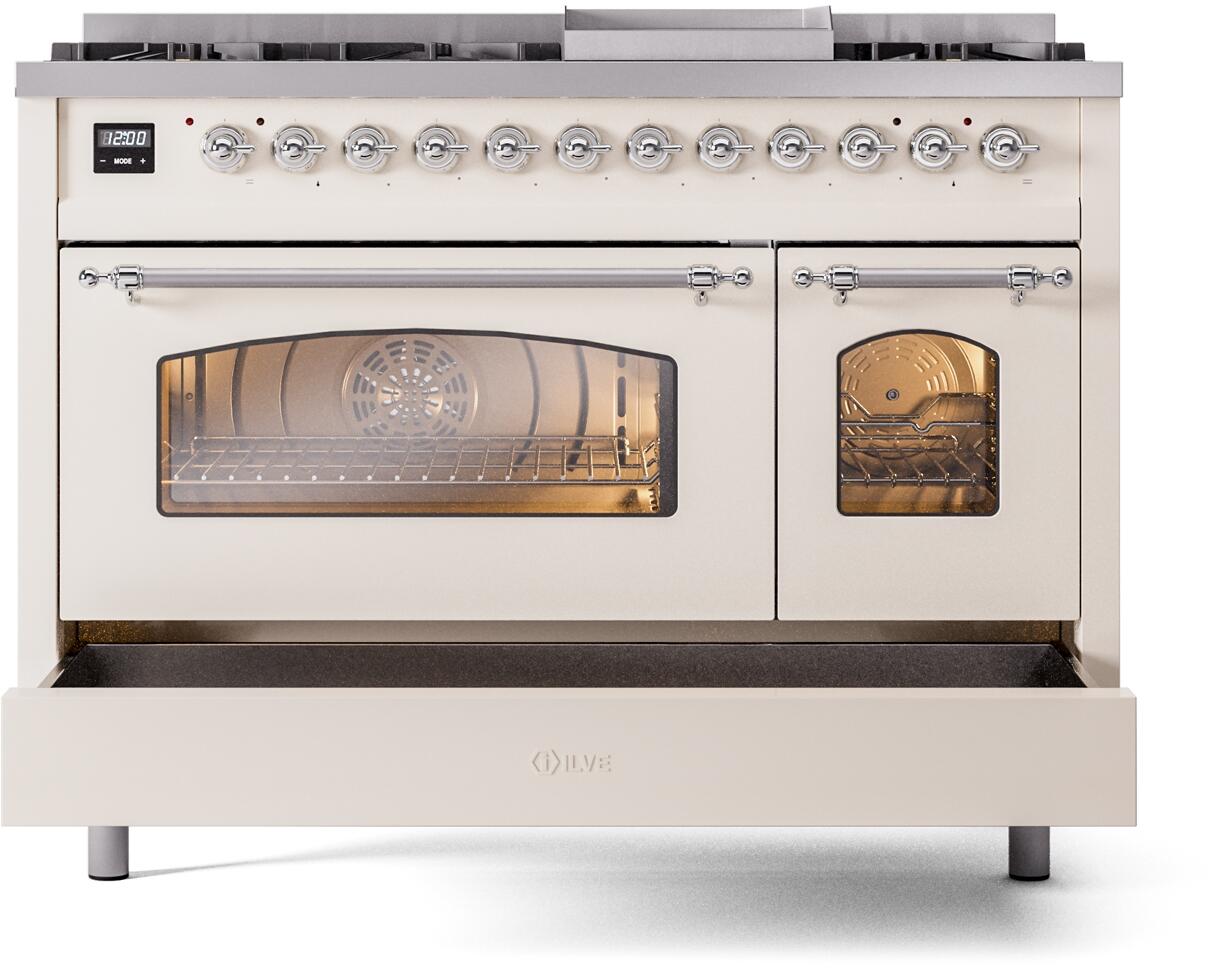 Ilve UP48FNMPAWCLP Nostalgie Ii 48 Inch Dual Fuel Liquid Propane Freestanding Range In Antique White With Chrome Trim