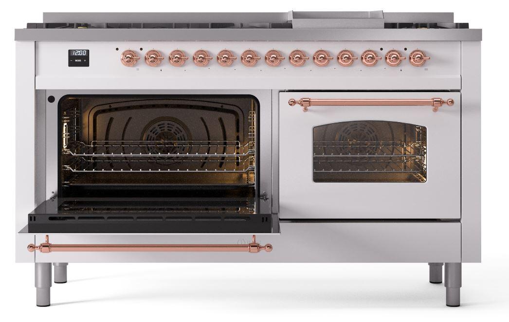 Ilve UP60FNMPWHPLP Nostalgie Ii 60 Inch Dual Fuel Liquid Propane Freestanding Range In White With Copper Trim