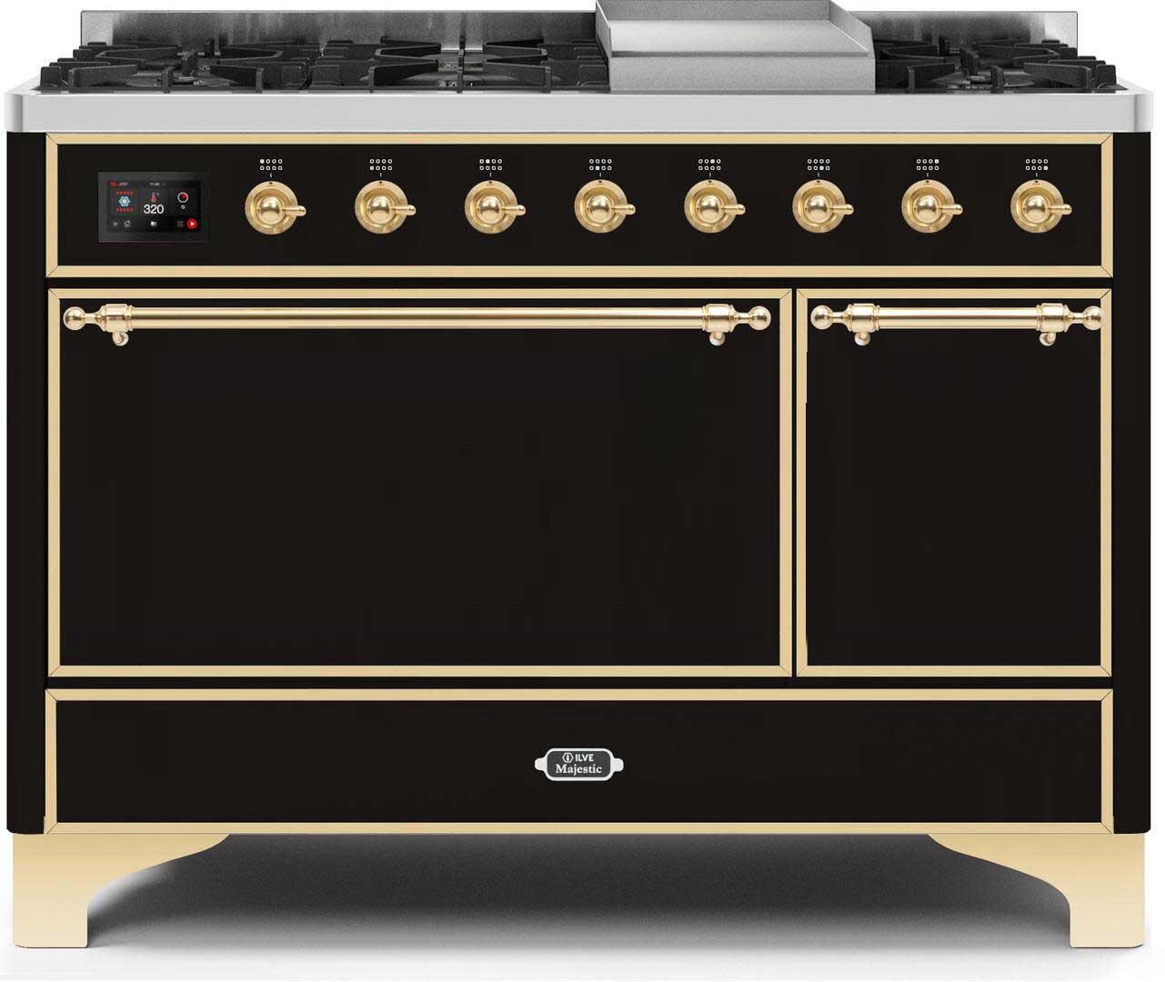 Ilve UM12FDQNS3BKG Majestic Ii 48 Inch Dual Fuel Natural Gas Freestanding Range In Glossy Black With Brass Trim