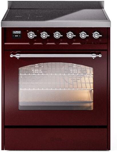 Ilve UPI304NMPBUC Nostalgie Ii 30 Inch Electric Freestanding Range In Burgundy With Chrome Trim