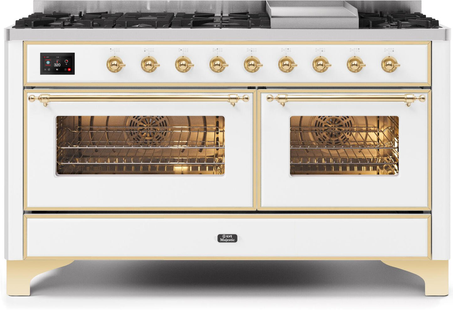 Ilve UM15FDNS3WHGLP Majestic Ii 60 Inch Dual Fuel Liquid Propane Freestanding Range In White With Brass Trim