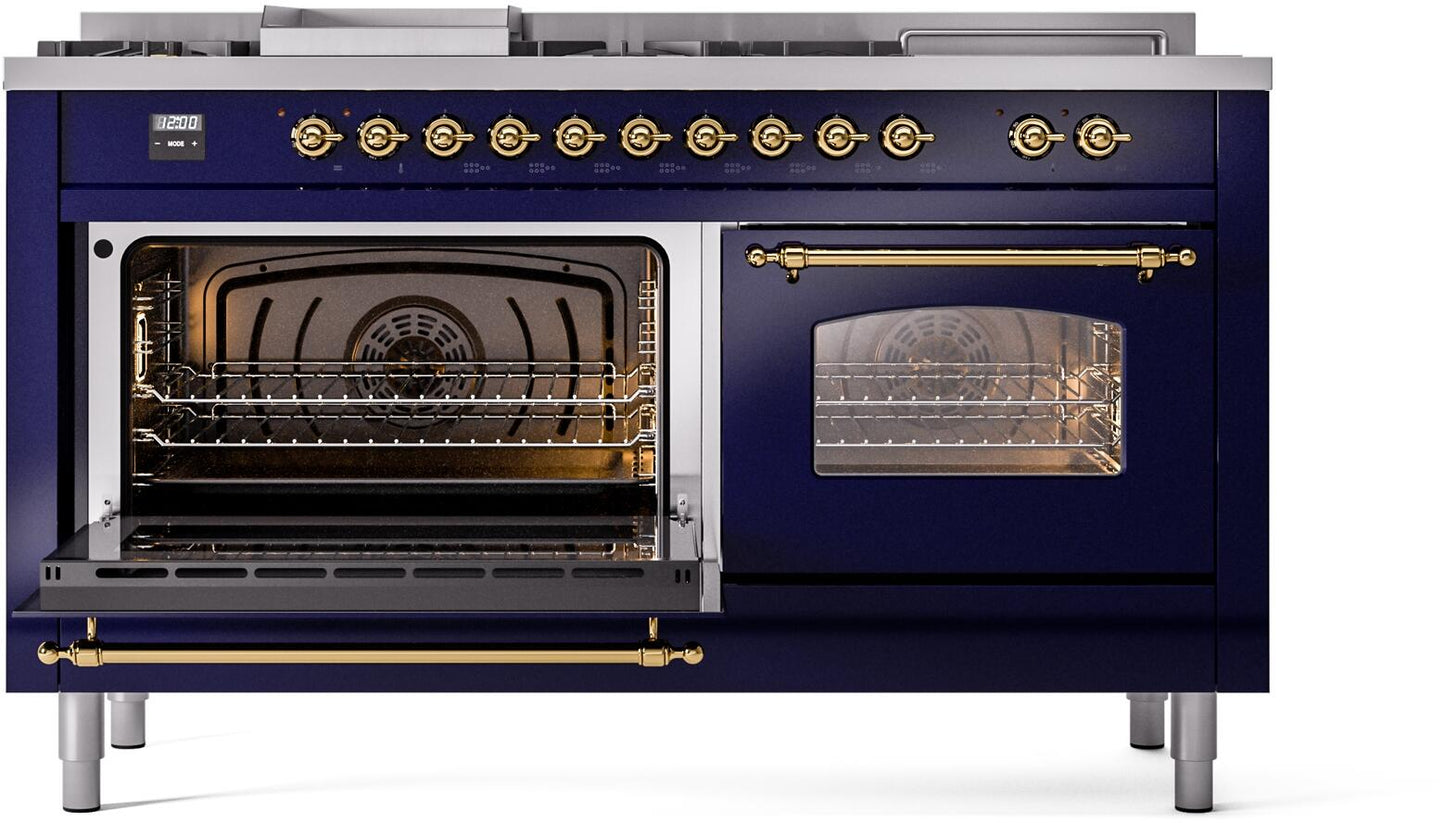 Ilve UP60FSNMPMBGLP Nostalgie Ii 60 Inch Dual Fuel Liquid Propane Freestanding Range In Blue With Brass Trim