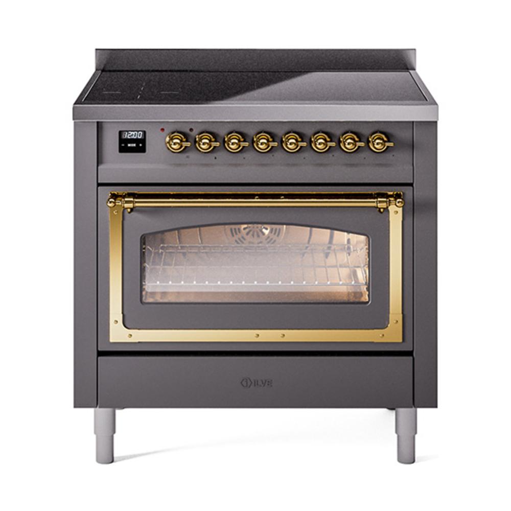 Ilve UNI366NMPMGG Ilve Uni366Nmpmgg Nostalgie Ii Noblesse 36" Induction Range (Triple Glass Door, Graphite Matte, Brass)