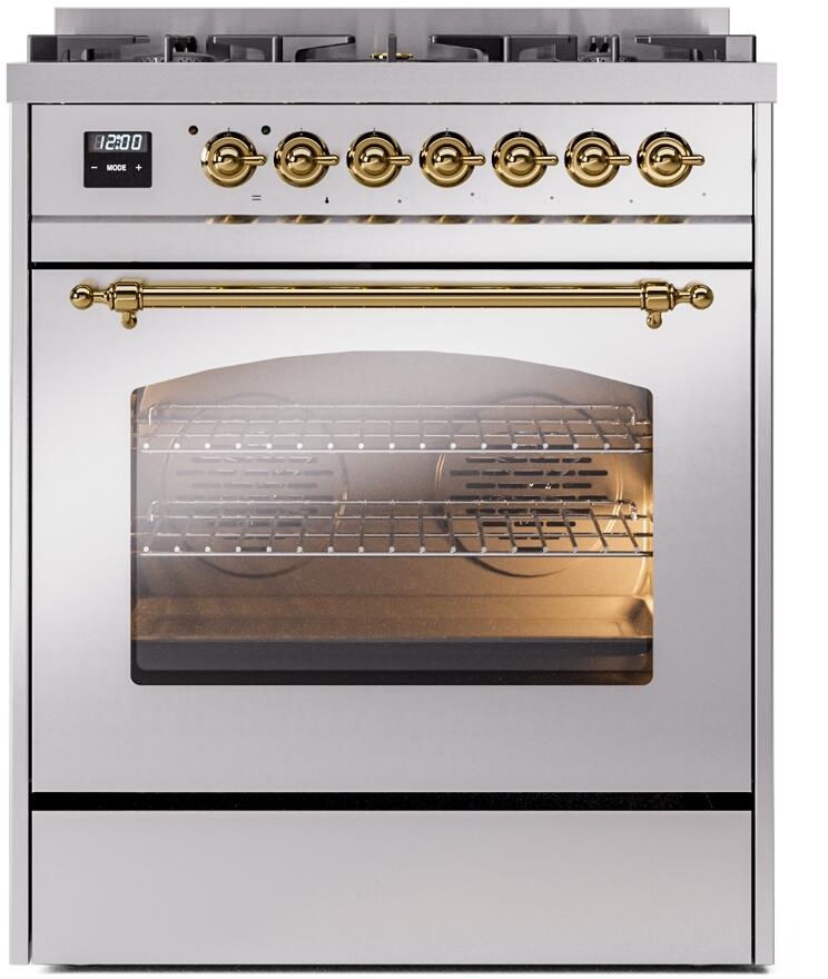 Ilve UP30NMPSSG Nostalgie Ii 30 Inch Dual Fuel Natural Gas Freestanding Range In Stainless Steel With Brass Trim