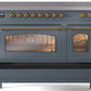 Ilve UPI486NMPBGG Nostalgie Ii 48 Inch Electric Freestanding Range In Blue Grey With Brass Trim