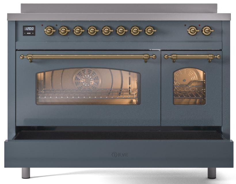 Ilve UPI486NMPBGG Nostalgie Ii 48 Inch Electric Freestanding Range In Blue Grey With Brass Trim