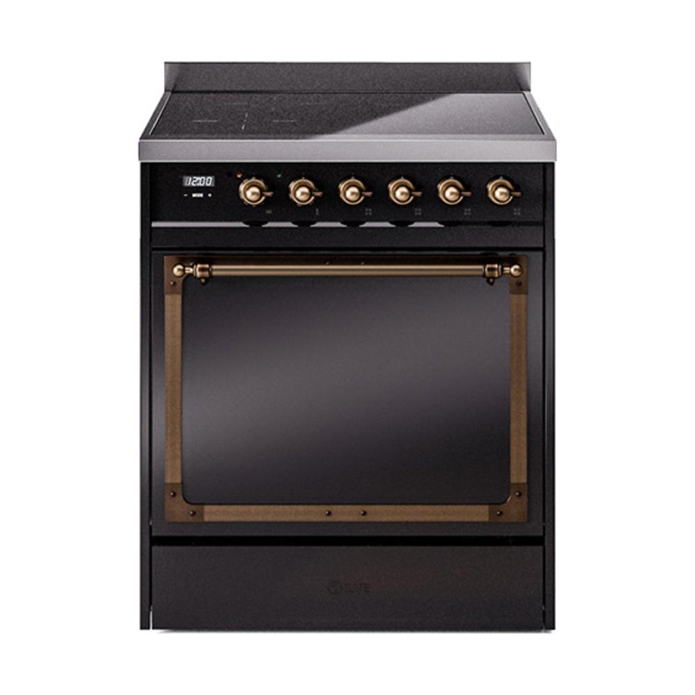 Ilve UNI304QNMPBKB Ilve Uni304Qnmpbkb Nostalgie Ii Noblesse 30" Induction Range (Solid Door, Glossy Black, Burnished)