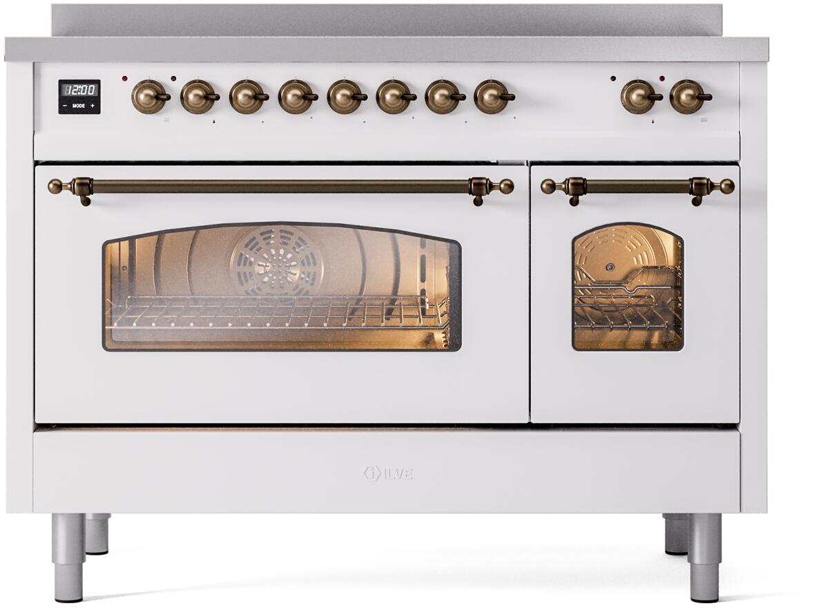 Ilve UPI486NMPWHB Nostalgie Ii 48 Inch Electric Freestanding Range In White With Bronze Trim