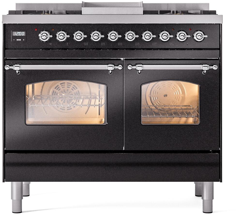 Ilve UPD40FNMPBKCLP Nostalgie Ii 40 Inch Dual Fuel Liquid Propane Freestanding Range In Glossy Black With Chrome Trim