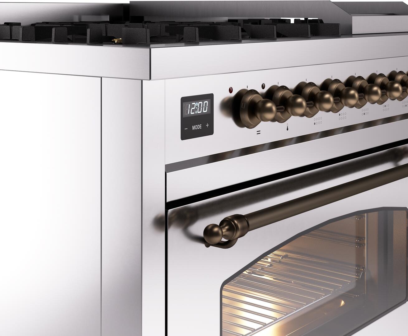 Ilve UP48FNMPSSB Nostalgie Ii 48 Inch Dual Fuel Natural Gas Freestanding Range In Stainless Steel With Bronze Trim