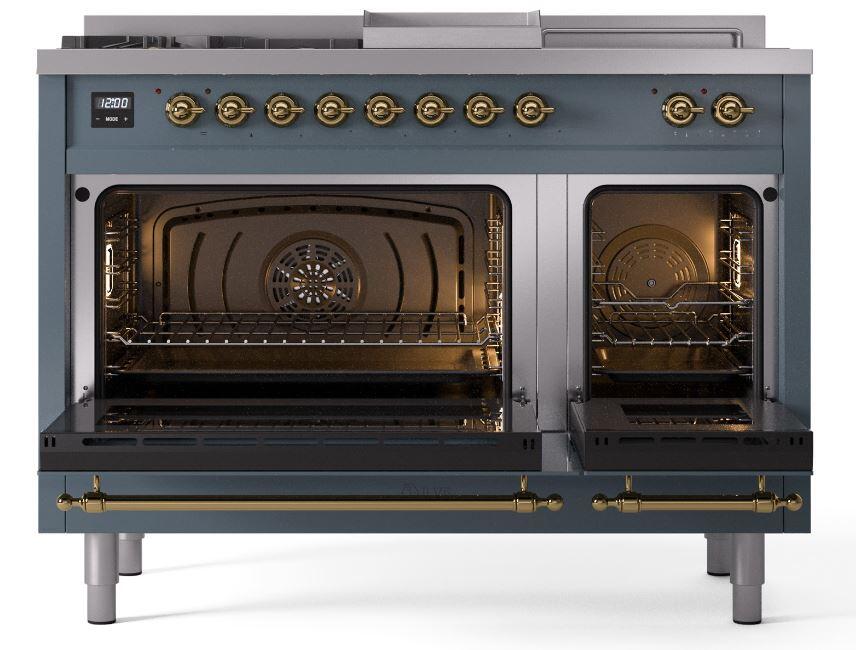 Ilve UP48FSNMPBGGLP Nostalgie Ii 48 Inch Dual Fuel Liquid Propane Freestanding Range In Blue Grey With Brass Trim