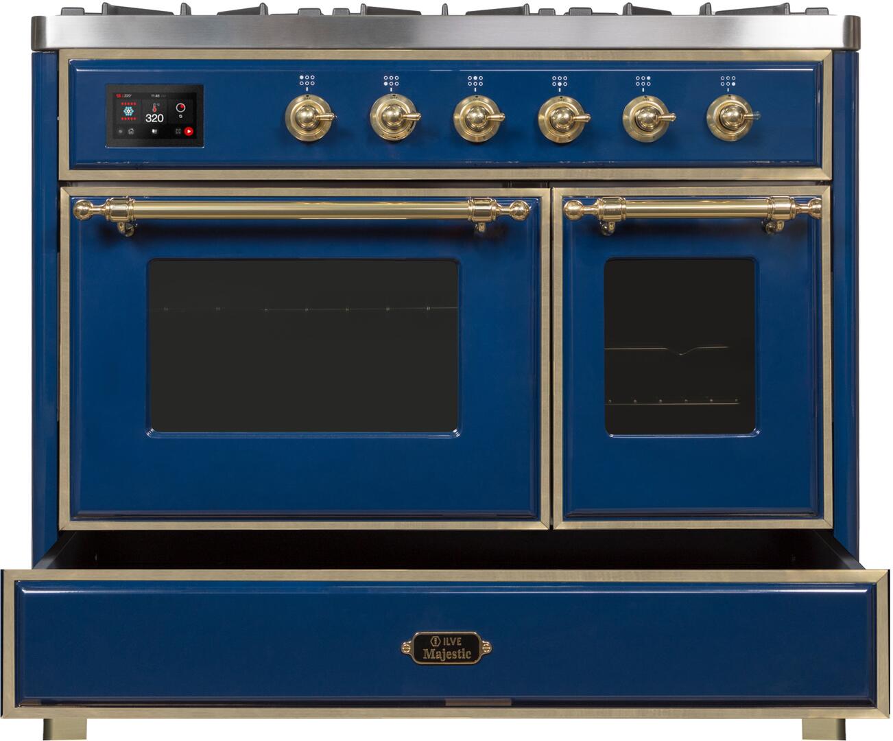 Ilve UMD10FDNS3MBGLP Majestic Ii 40 Inch Dual Fuel Liquid Propane Freestanding Range In Blue With Brass Trim