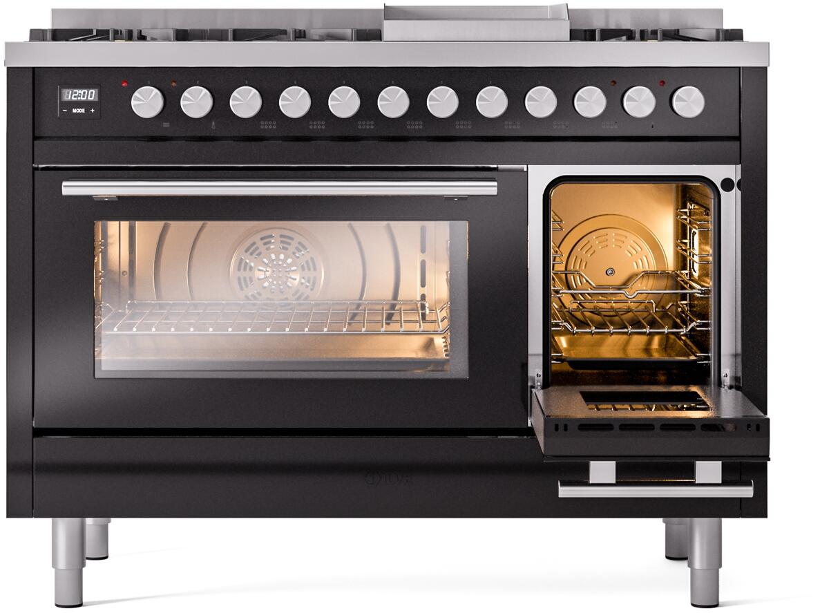 Ilve UP48FWMPBK Professional Plus Ii 48 Inch Dual Fuel Natural Gas Freestanding Range In Glossy Black With Trim