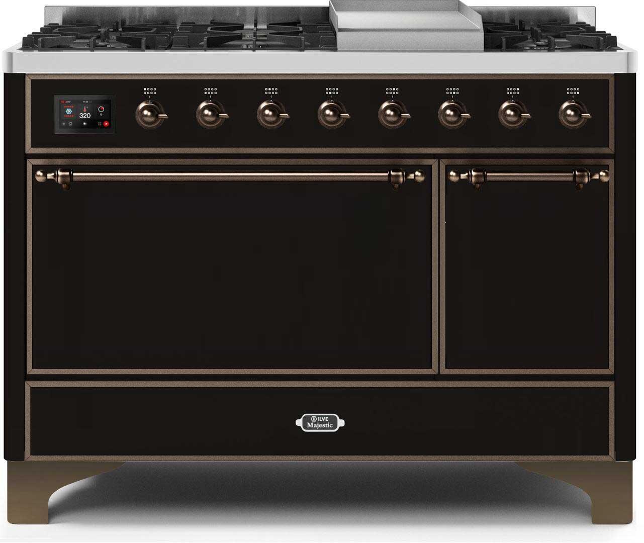 Ilve UM12FDQNS3BKBLP Majestic Ii 48 Inch Dual Fuel Liquid Propane Freestanding Range In Glossy Black With Bronze Trim