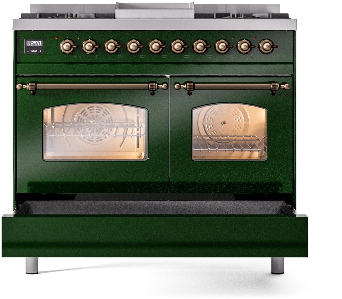 Ilve UPD40FNMPEGB Nostalgie Ii 40 Inch Dual Fuel Natural Gas Freestanding Range In Emerald Green With Bronze Trim