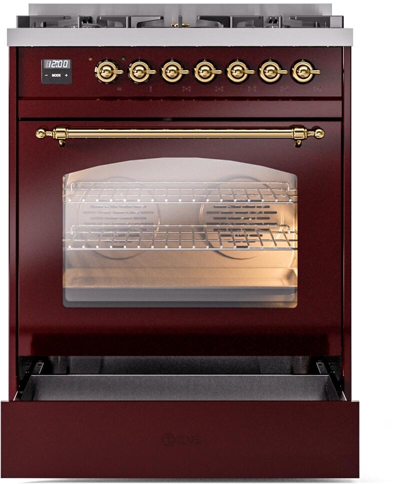 Ilve UP30NMPBUG Nostalgie Ii 30 Inch Dual Fuel Natural Gas Freestanding Range In Burgundy With Brass Trim