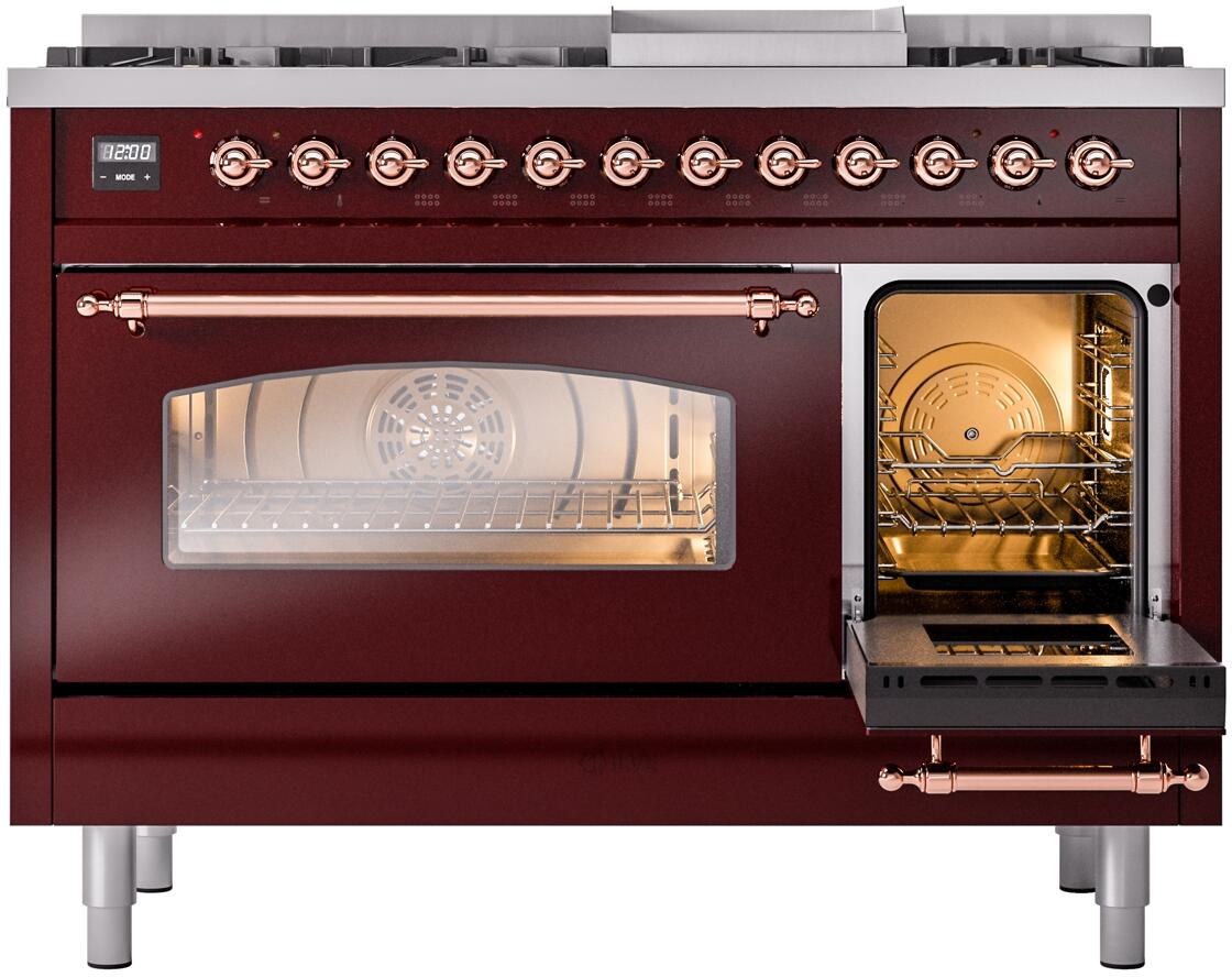 Ilve UP48FNMPBUP Nostalgie Ii 48 Inch Dual Fuel Natural Gas Freestanding Range In Burgundy With Copper Trim