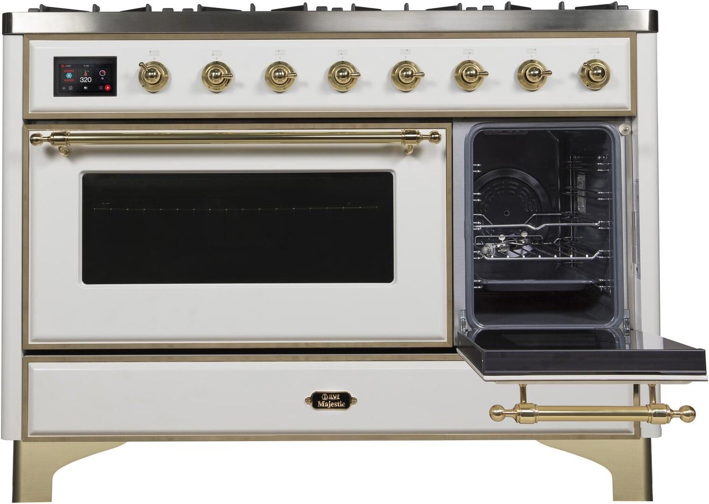 Ilve UM12FDNS3WHGLP Majestic Ii 48 Inch Dual Fuel Liquid Propane Freestanding Range In White With Brass Trim