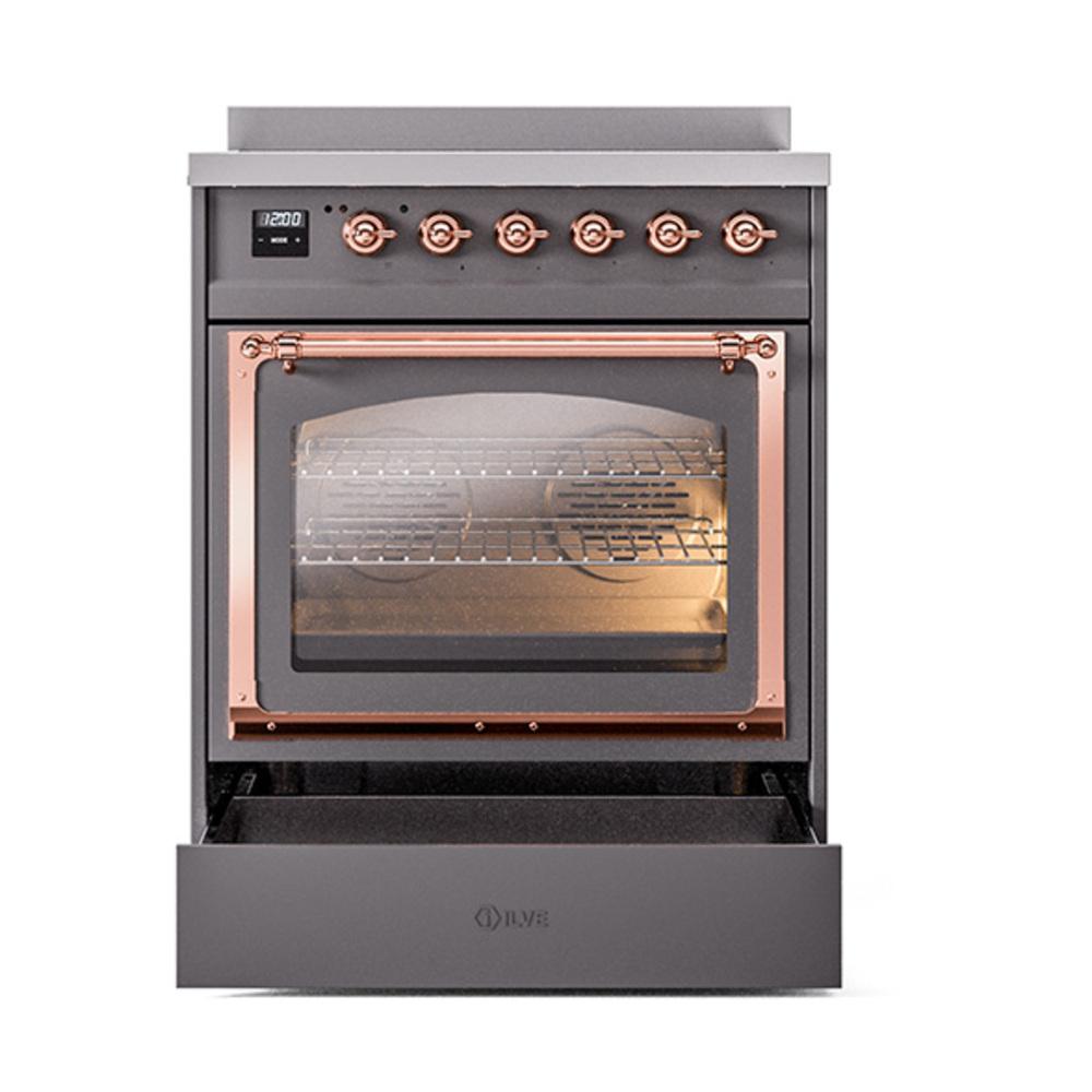 Ilve UNI304NMPMGP Ilve Uni304Nmpmgp Nostalgie Ii Noblesse 30" Induction Range (Triple Glass Door, Graphite Matte, Copper)