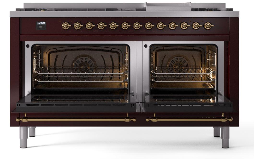 Ilve UP60FNMPBUGLP Nostalgie Ii 60 Inch Dual Fuel Liquid Propane Freestanding Range In Burgundy With Brass Trim