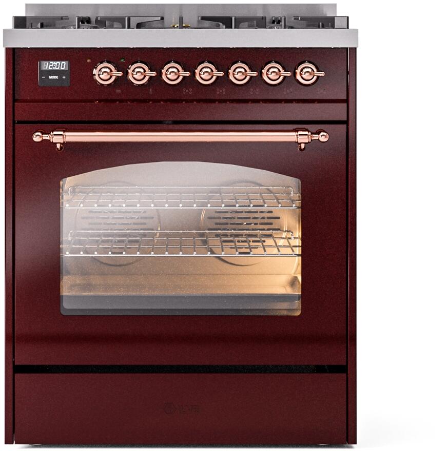 Ilve UP30NMPBUPLP Nostalgie Ii 30 Inch Dual Fuel Liquid Propane Freestanding Range In Burgundy With Copper Trim