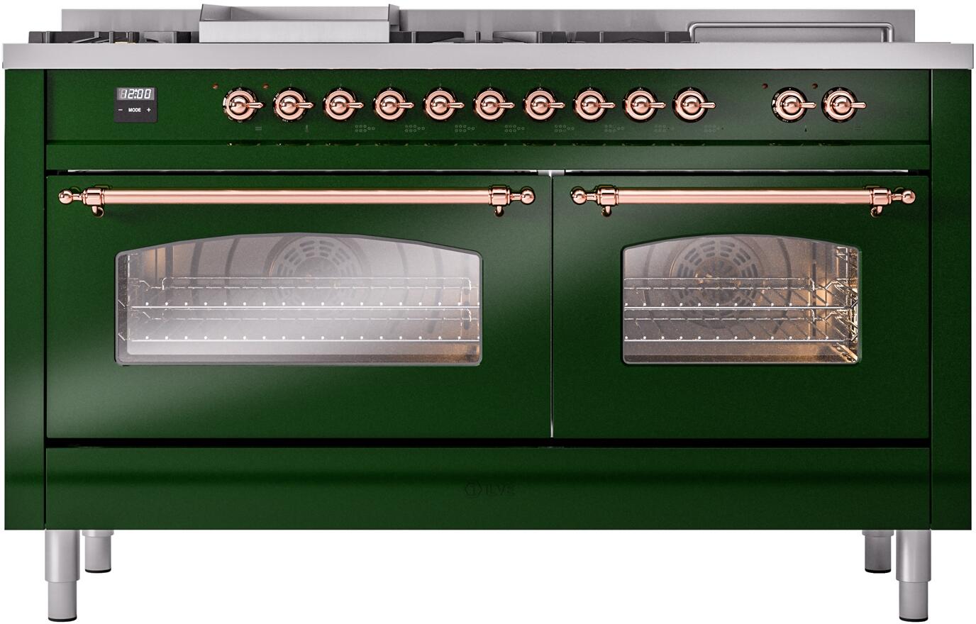 Ilve UP60FSNMPEGP Nostalgie Ii 60 Inch Dual Fuel Natural Gas Freestanding Range In Emerald Green With Copper Trim