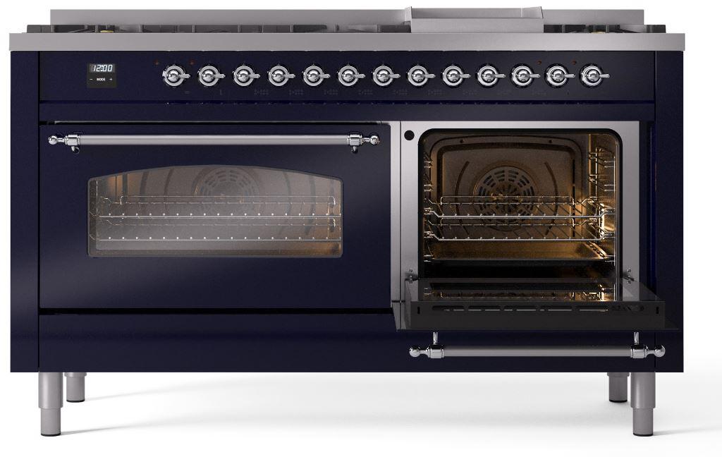 Ilve UP60FNMPMBCLP Nostalgie Ii 60 Inch Dual Fuel Liquid Propane Freestanding Range In Blue With Chrome Trim